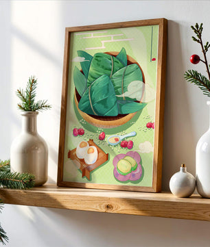 Traditional Asian food illustration with rice dumplings and mooncakes on a green background
