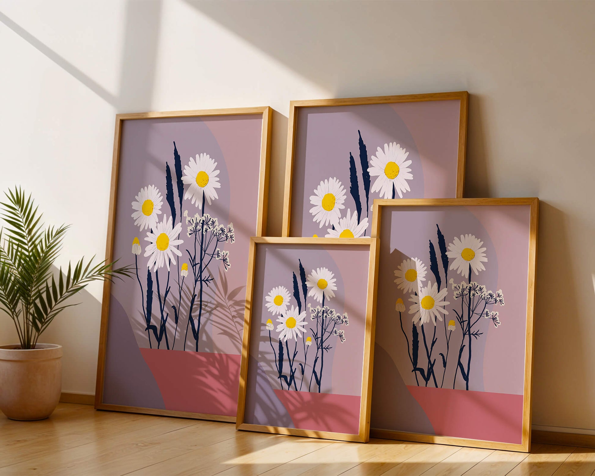 Illustrative floral artwork with daisies and abstract background