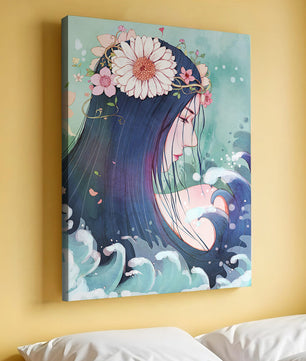 Illustration of a serene woman with floral crown and ocean waves