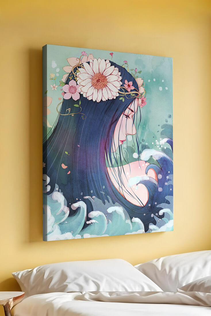 Illustration of a serene woman with floral crown and ocean waves