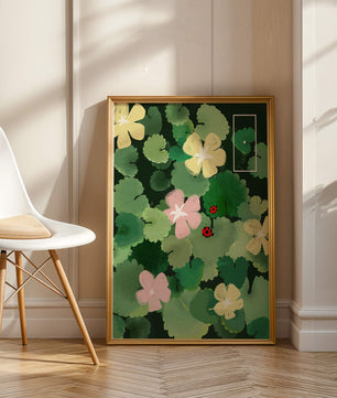 Colorful floral illustration with ladybugs in a lush garden setting