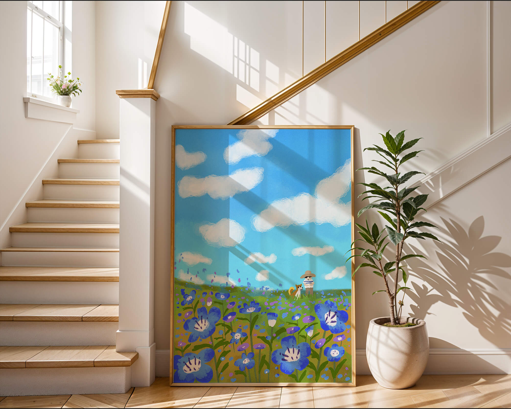 Man and dog in vibrant flower meadow under blue sky