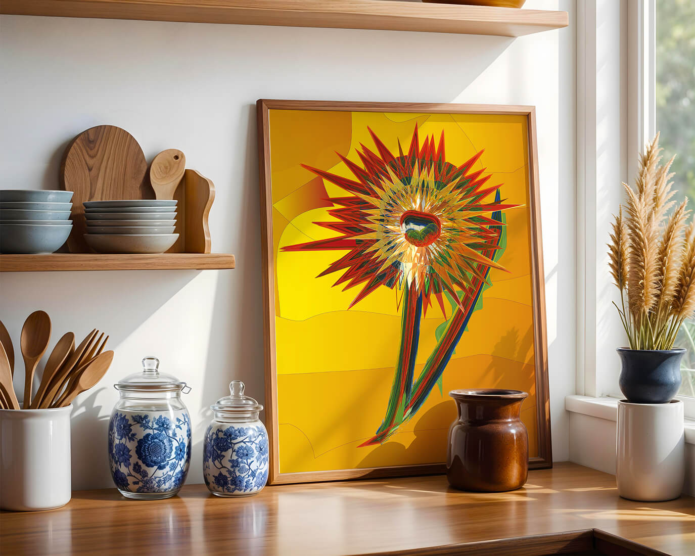 Abstract vibrant sunflower art with dynamic geometric shapes