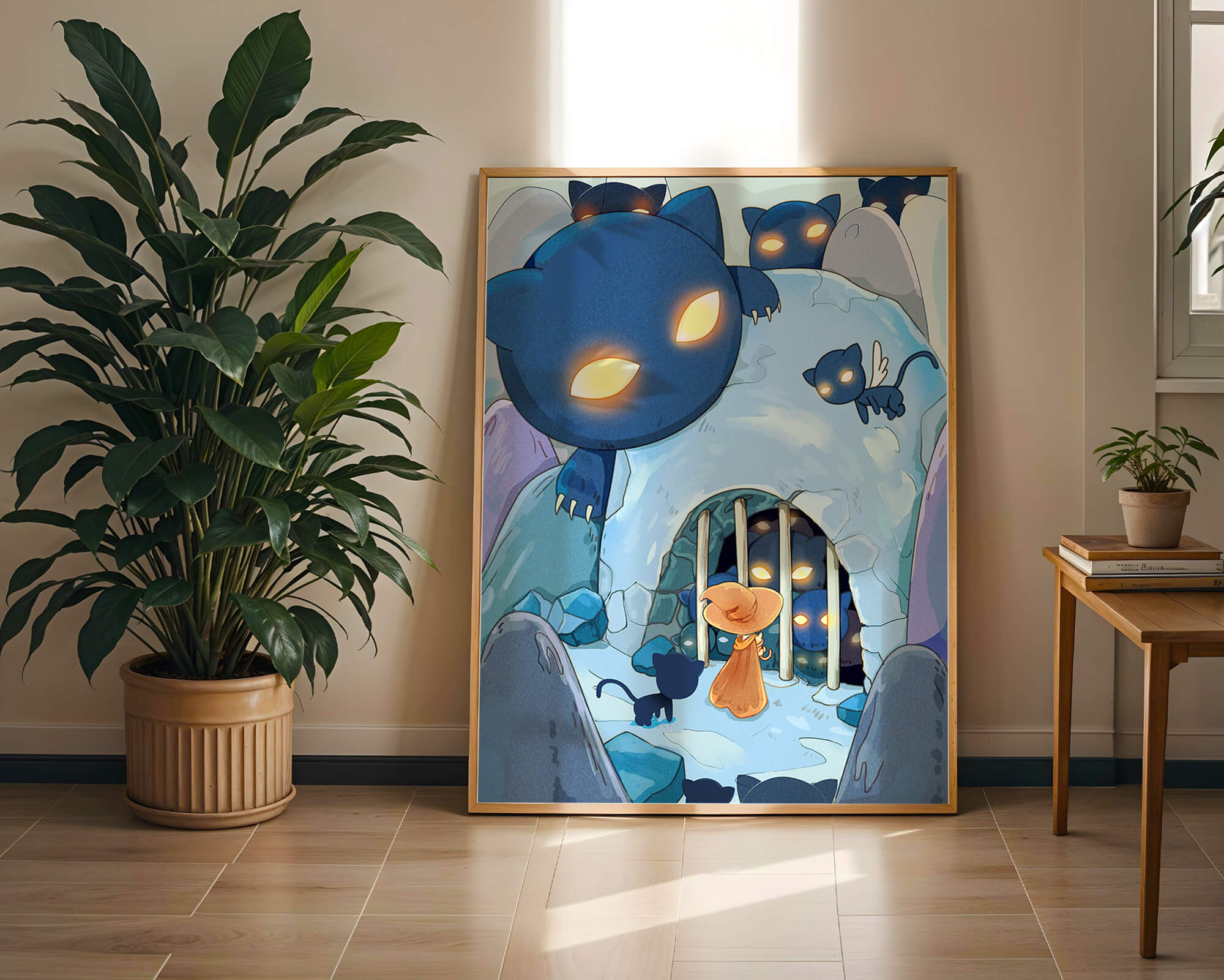Fantasy scene with glowing-eyed creatures and mysterious cave