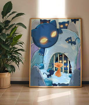 Fantasy scene with glowing-eyed creatures and mysterious cave