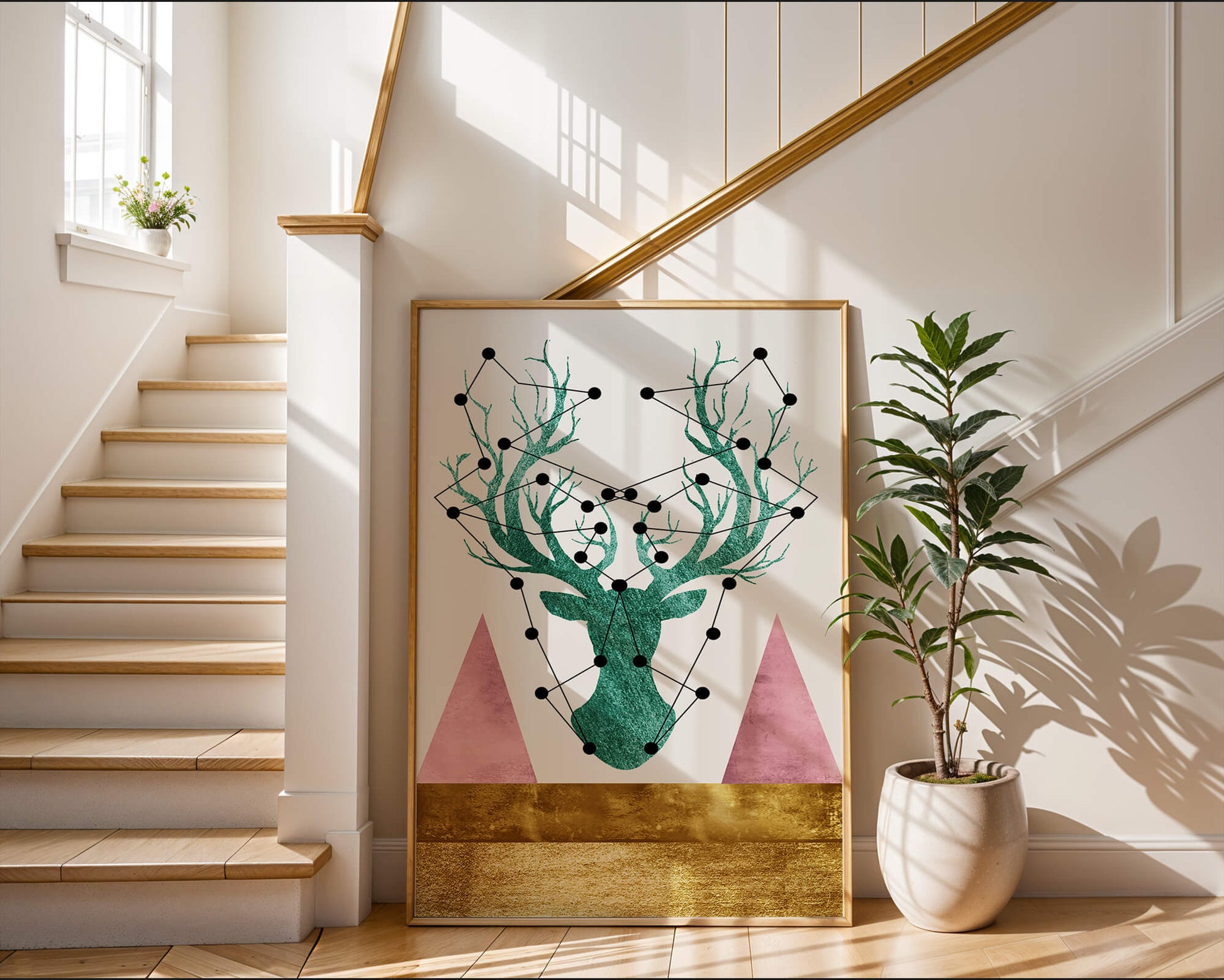 Geometric Deer with Abstract Elements and Gold Accents