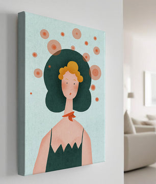 Whimsical Portrait of a Woman with Green Hair and Abstract Circles - Mi tienda