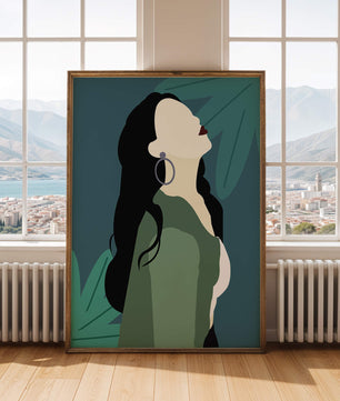 Stylized artwork of a woman with dark hair and earrings against a tropical leaf backdrop