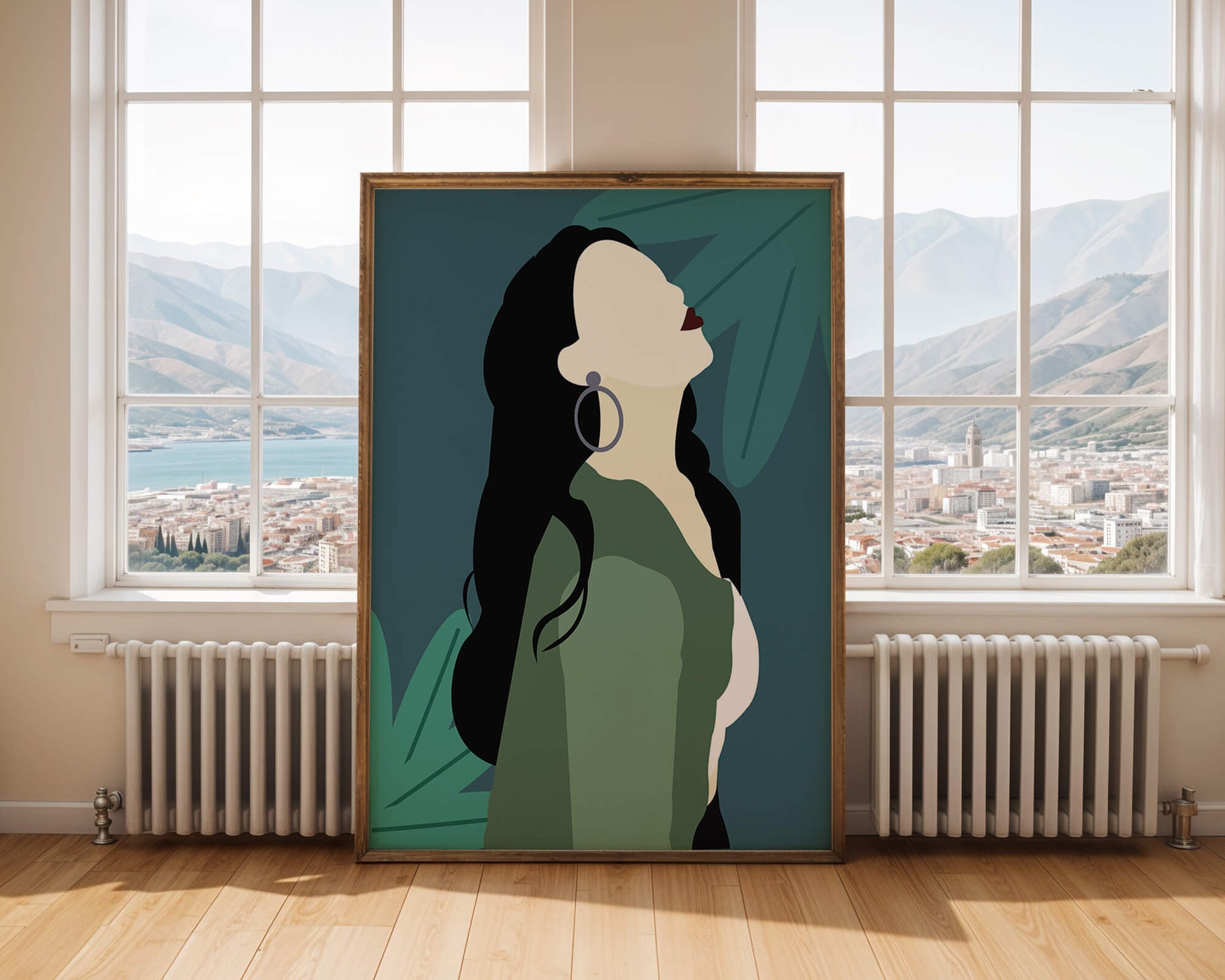 Stylized artwork of a woman with dark hair and earrings against a tropical leaf backdrop