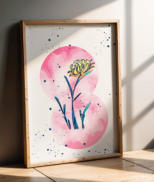 Abstract Floral Design with Pink Circles and Yellow Flower on White Background