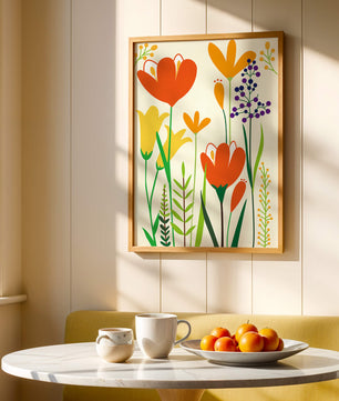 Bright Floral Illustration with Orange, Yellow, and Purple Flowers in Bold Colors