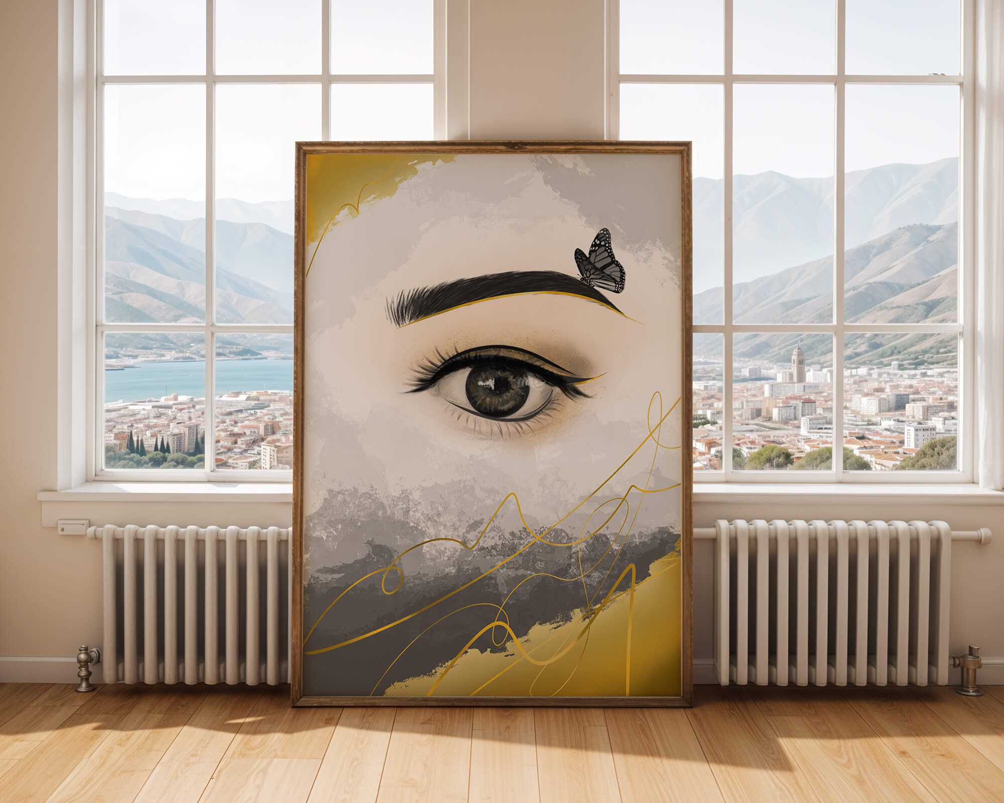 Artistic eye illustration with butterfly and abstract gold accents