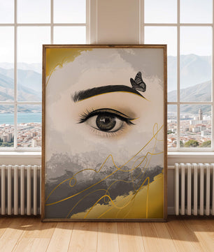 Artistic eye illustration with butterfly and abstract gold accents