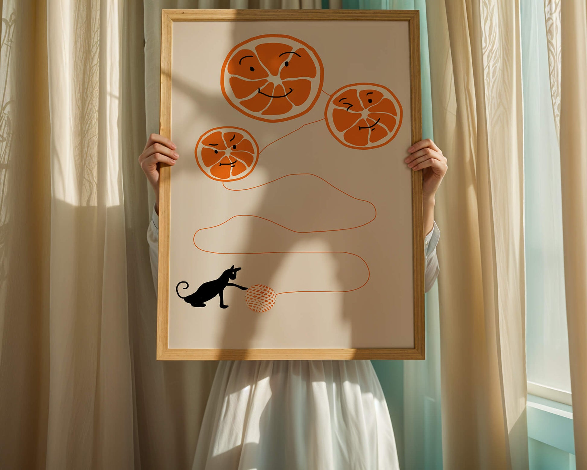 Playful illustration of oranges with cat and yarn