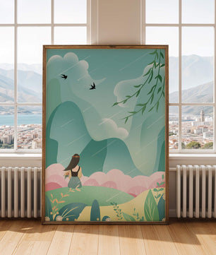 Peaceful landscape with a girl and nature elements