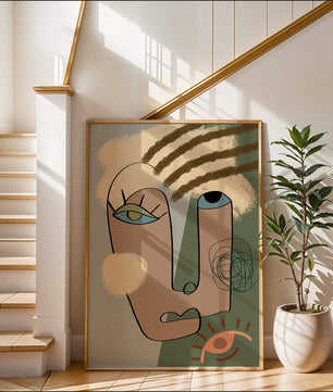 Retrato abstracto con formas geométricas y tonos terrosos