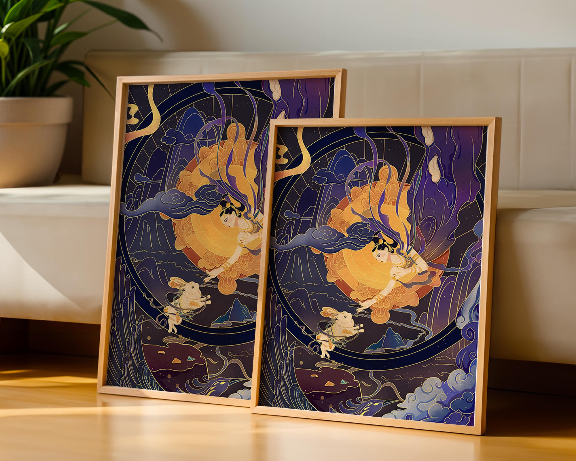Elegant goddess reaching towards a celestial rabbit in a cosmic scene
