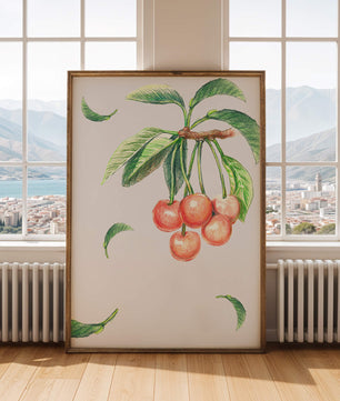 Ilustración realista de rama de cerezo con hojas verdes