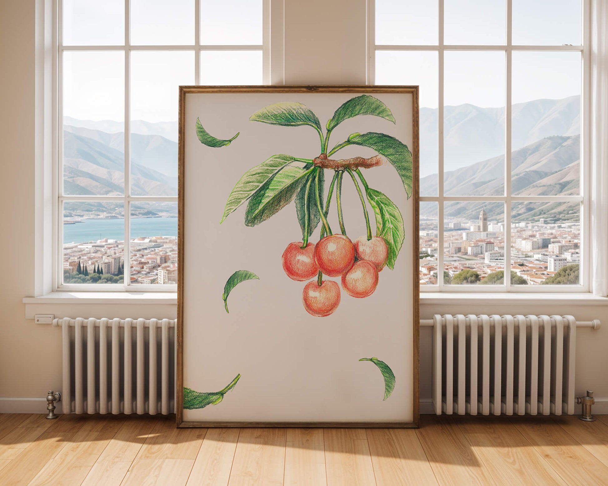Realistic Illustration of Cherry Branch with Green Leaves