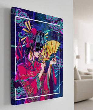 Geisha con traje futurista, elementos de neón y abanico
