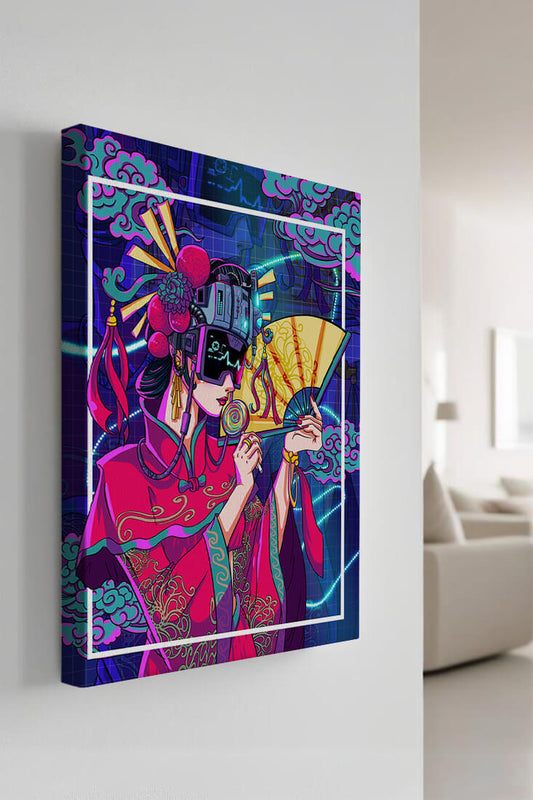 Geisha in Futuristic Costume with Neon Elements and Fan