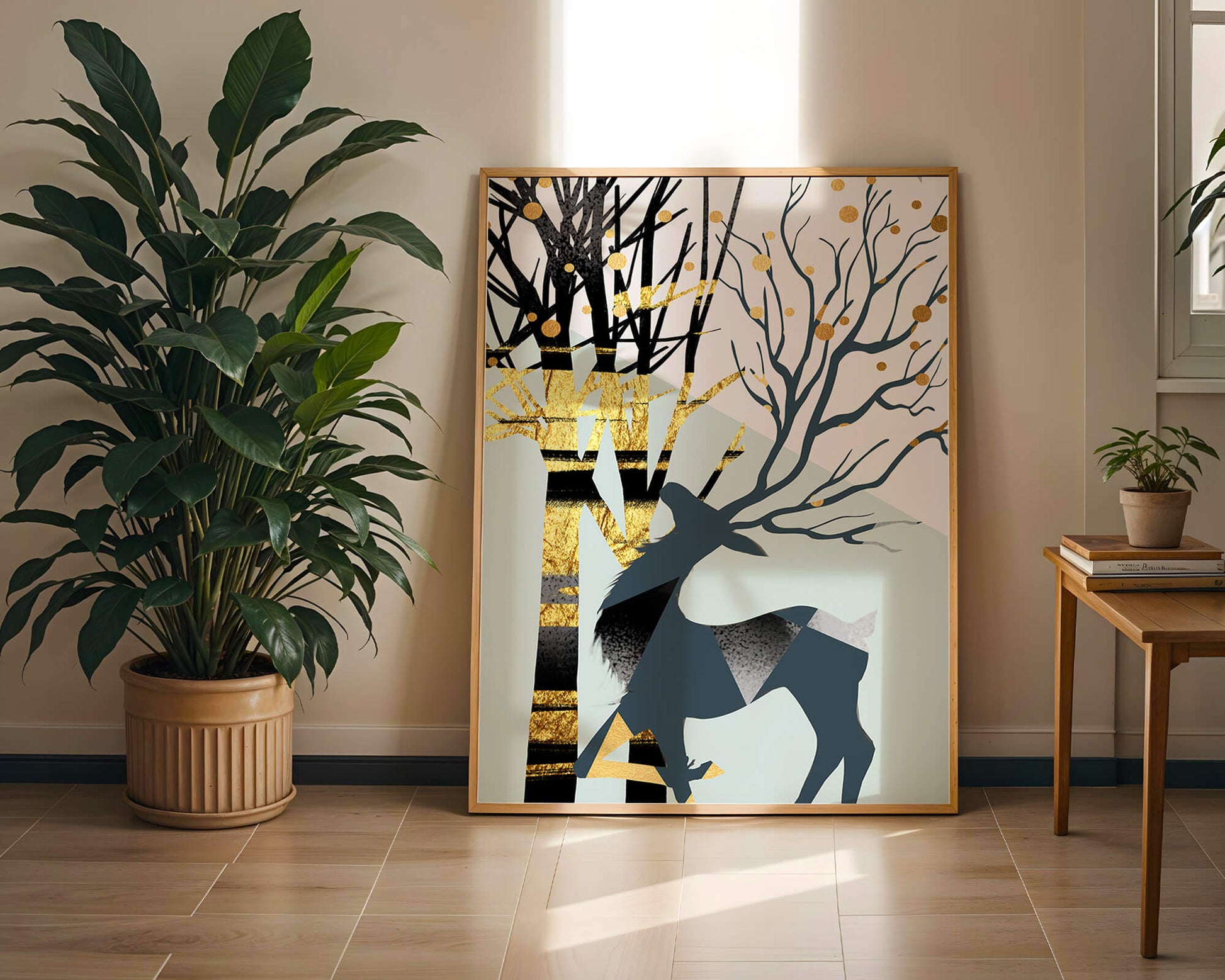 Abstract Deer Silhouette with Golden Accents and Trees
