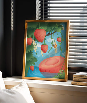 Illustrated strawberries in a whimsical garden setting