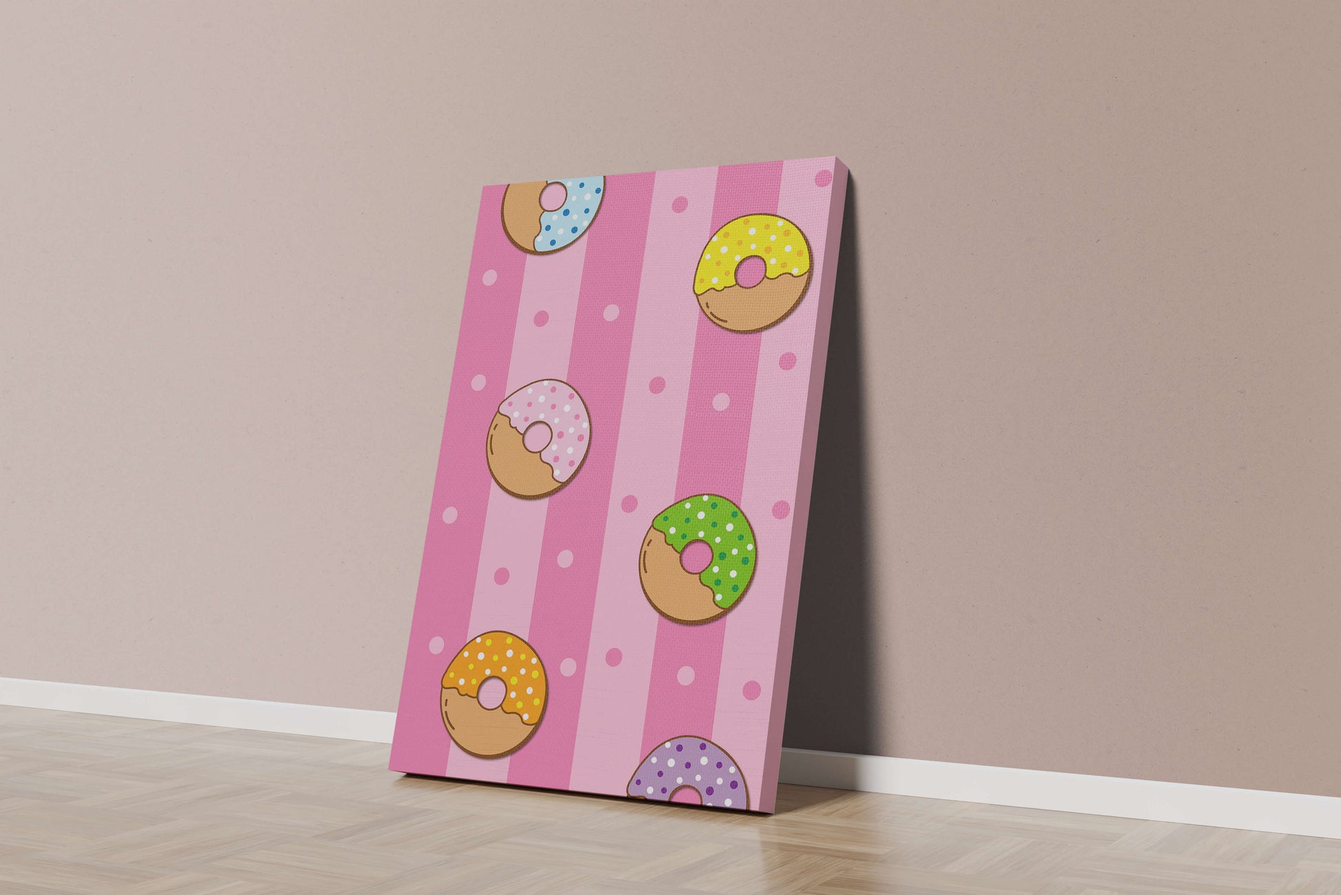 Colorful donut pattern on pink striped background