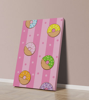 Colorful donut pattern on pink striped background