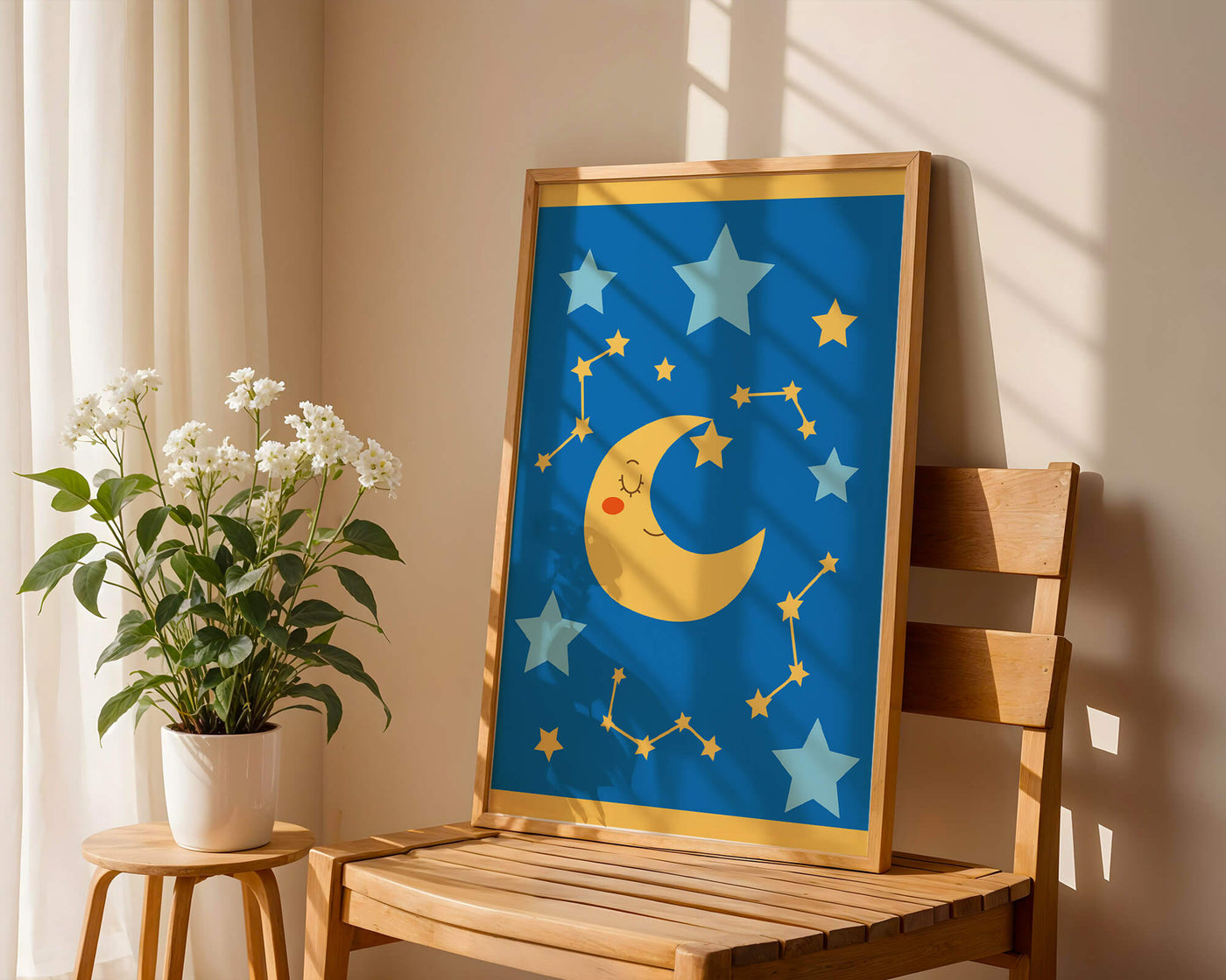 Whimsical children's room decor with smiling moon and stars