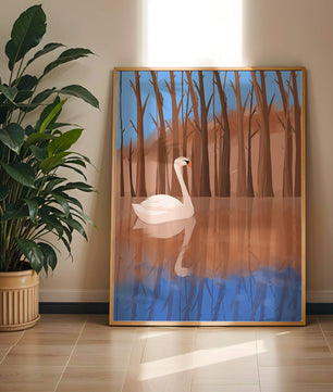 Serene swan on calm water with reflections of trees