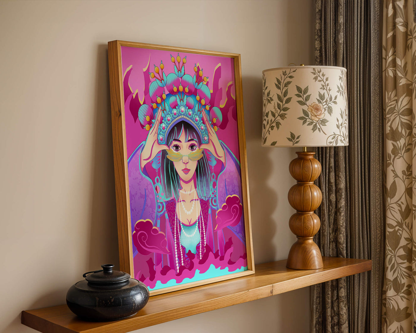 Colorful illustration of a woman in traditional costume with ornate headpiece