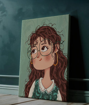 Illustration of a Thoughtful Girl with Glasses and Curly Hair