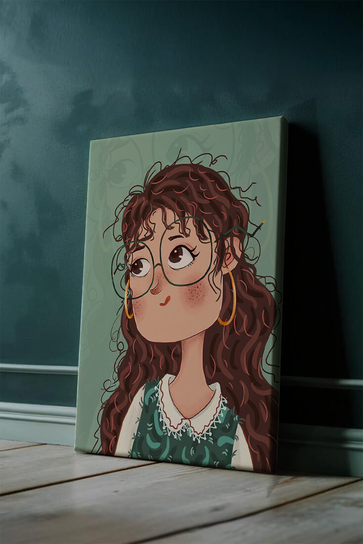 Ilustración de una chica pensativa con gafas y pelo rizado