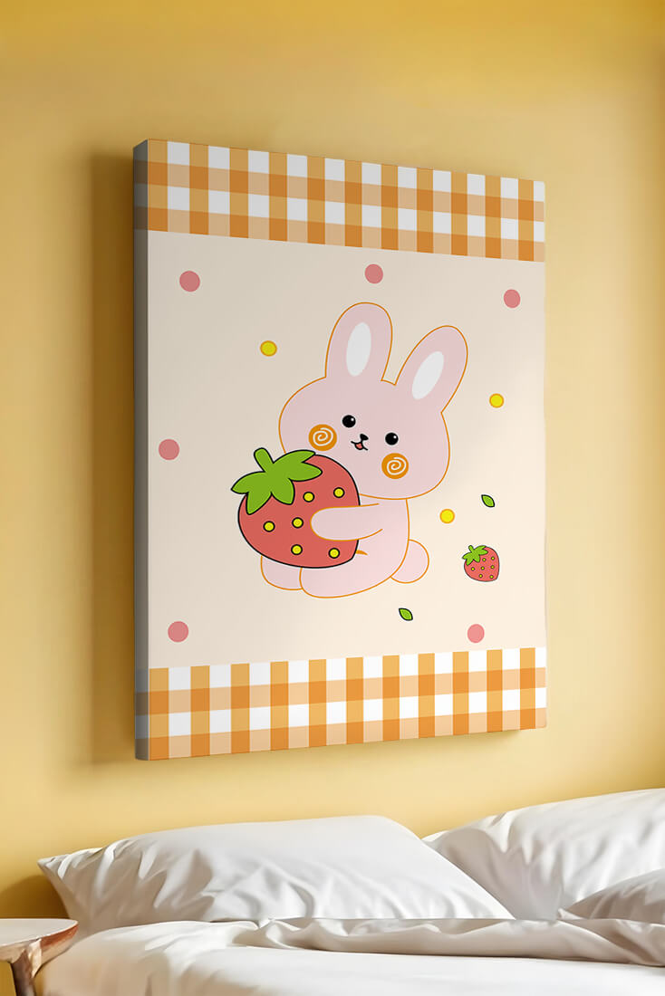 Adorable bunny holding strawberry illustration with gingham pattern