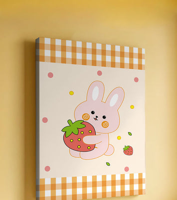 Adorable bunny holding strawberry illustration with gingham pattern