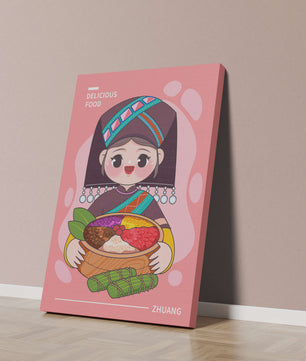 Personnage de dessin animé charmant en tenue traditionnelle tenant un panier de nourriture coloré