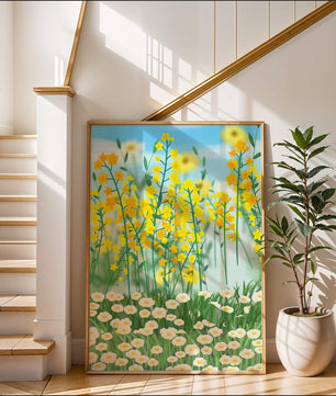 Frühlingwiese mit blühenden gelben und weißen Blumen
