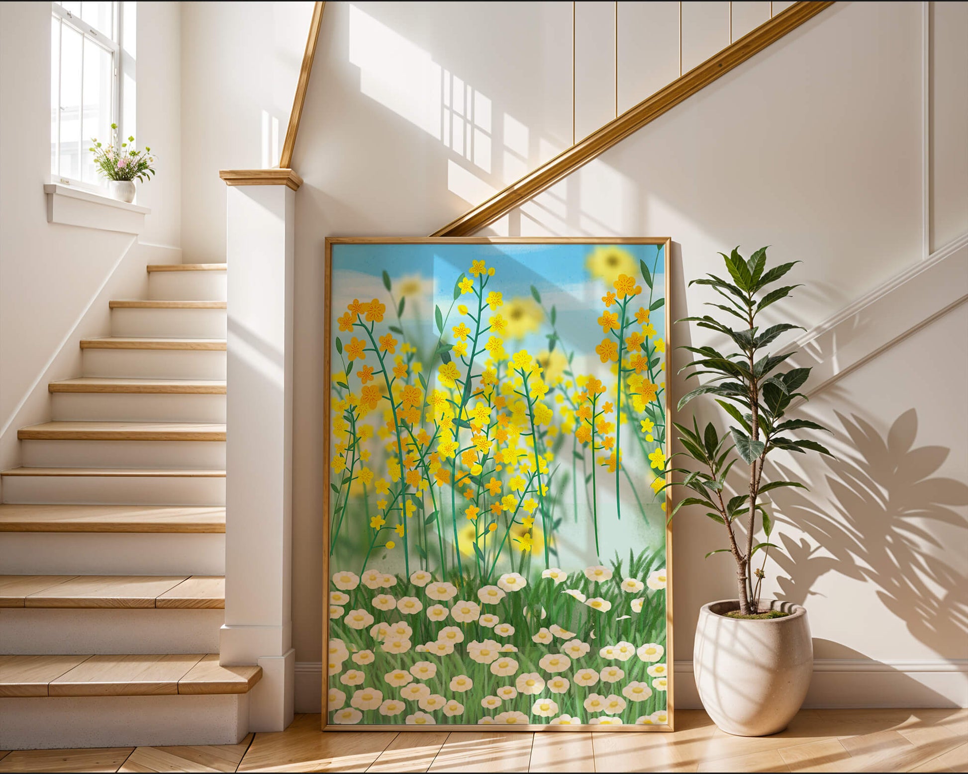 Springtime Meadow With Blooming Yellow And White Flowers