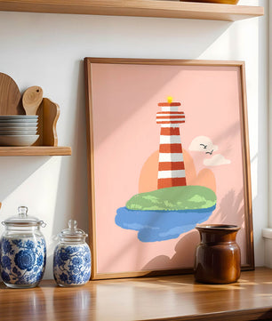 Ilustración encantadora de un faro con un entorno costero tranquilo