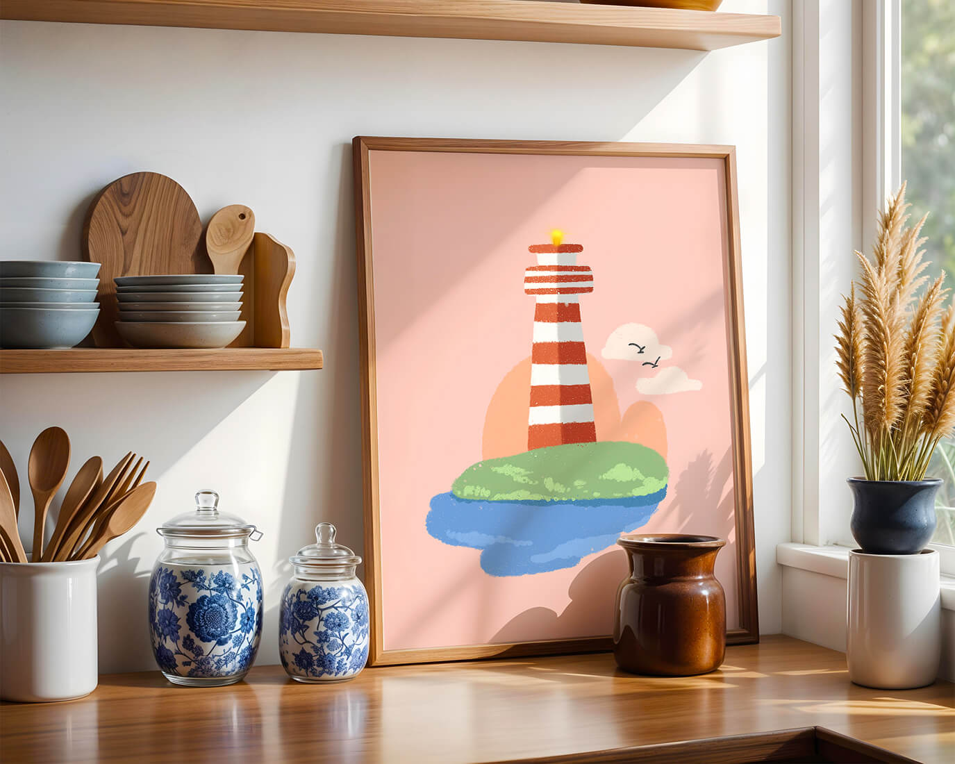 Ilustración encantadora de un faro con un entorno costero tranquilo