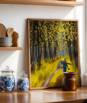 Man Walking Through a Sunny Forest with Golden Leaves