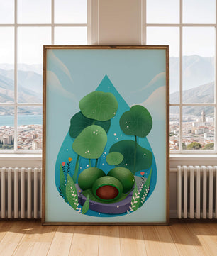 Nature-inspired abstract illustration with leaves and spheres
