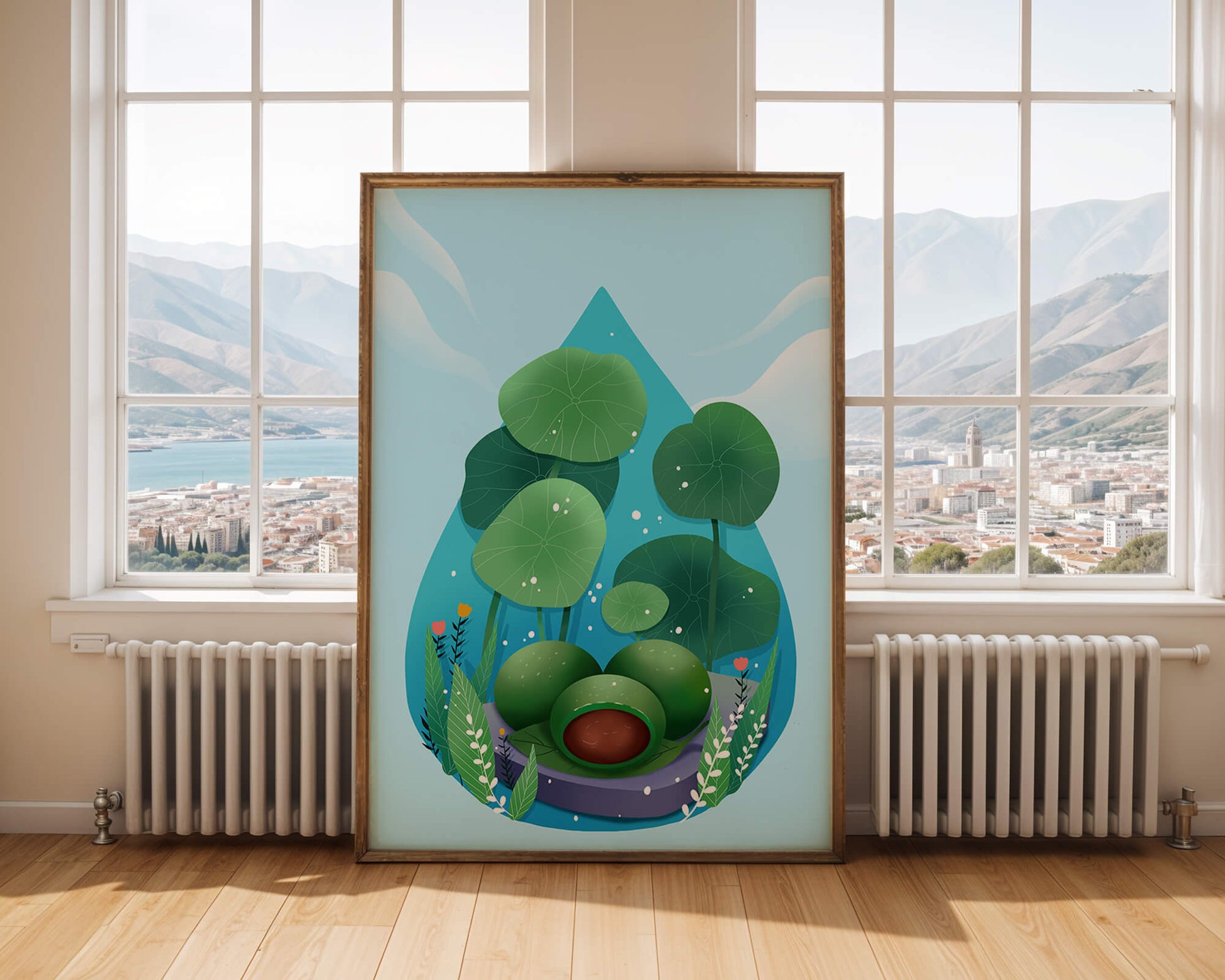 Nature-inspired abstract illustration with leaves and spheres