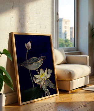 Elegant Lotus Flower with Gold Accents on Deep Blue Background