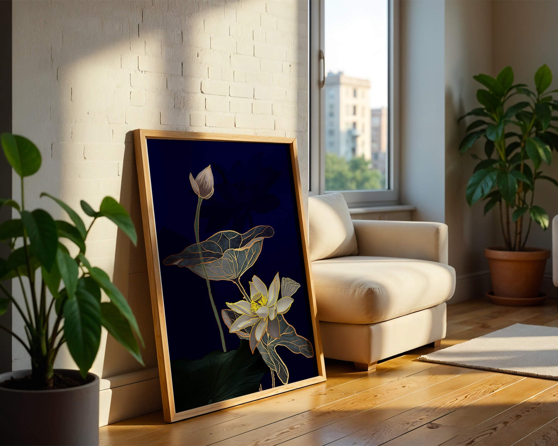 Elegant Lotus Flower with Gold Accents on Deep Blue Background