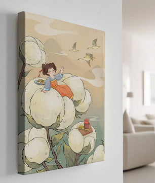 Illustration d'une fille sur des fleurs géantes avec des oiseaux volants et de la nourriture