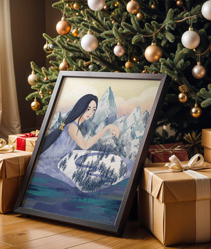 Majestic Woman Overlooking Snowy Mountain Landscape