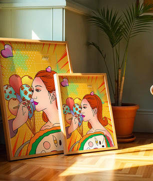 Retrato de mujer en arte pop colorido con globos y patrones vibrantes