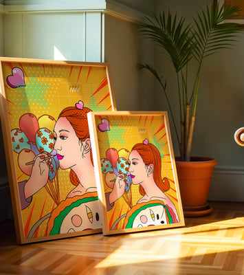 Colorful pop art woman portrait with balloons and vibrant patterns